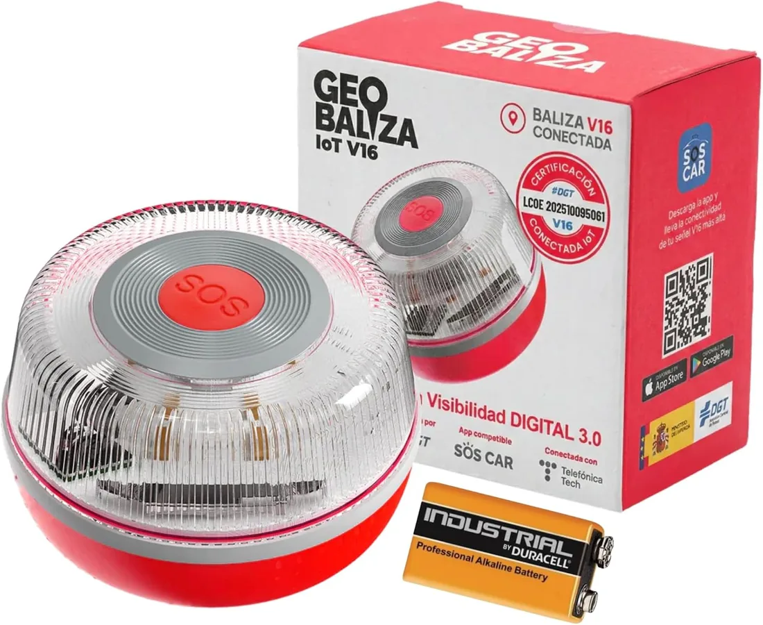 Baliza V16 Homologada DGT con Geolocalizador | Luz de Emergencia Coche Certificada DGT 3.0 | 12 Años Conectividad - V16 Homologada 2026- Compatible con la app SOSCar