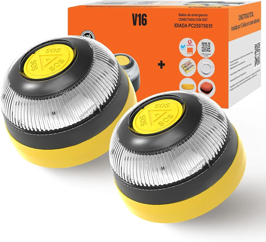 Pack de 2 - Baliza V16 Homologada DGT con Geolocalizador – Modelo JL001 Conectado IoT, Imanes + Ventosa INCLUIDA y 12 Años de Datos GRATIS