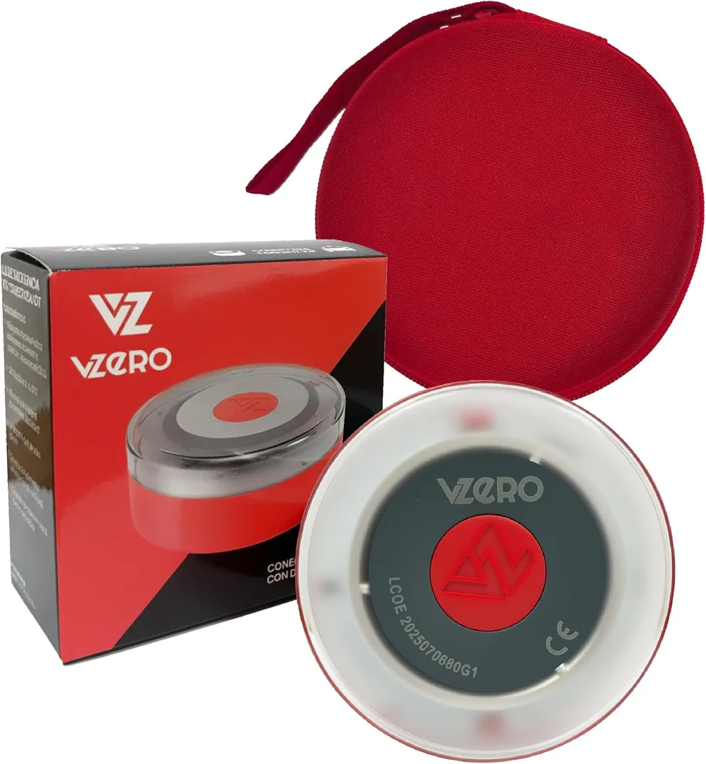 VZero - Luz de Emergencia V16 con Geolocalización + Funda, Señal Homologada Conectada con DGT 3.0, Apta para 2026, Baliza para Coche con eSIM Incluida, Alta Potencia y Sistema Eye Protect