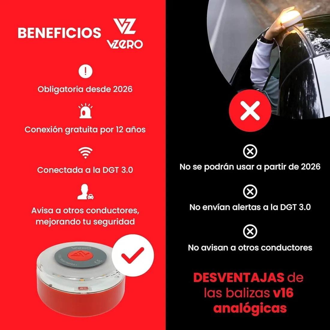 VZero - Luz de Emergencia V16 con Geolocalización + Funda, Señal Homologada Conectada con DGT 3.0, Apta para 2026, Baliza para Coche con eSIM Incluida, Alta Potencia y Sistema Eye Protect foto 2