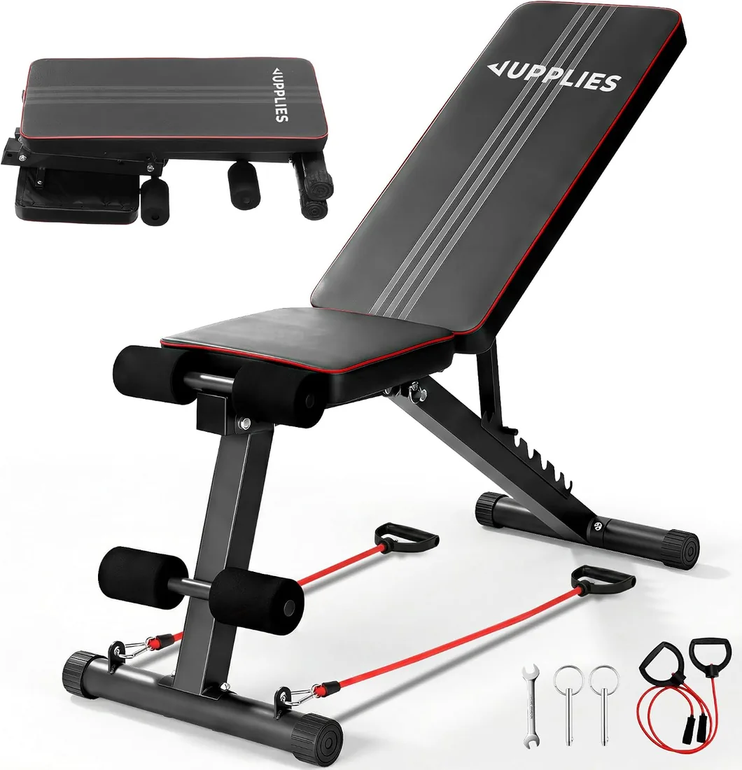 JUPPLIES Banco de Musculación Plegable Multifunción para Gimnasio en Casa – Banco de Pesas Ajustable 7 Niveles hasta 90°, Soporta 200 kg, Incluye 2 Bandas de Resistencia foto 3