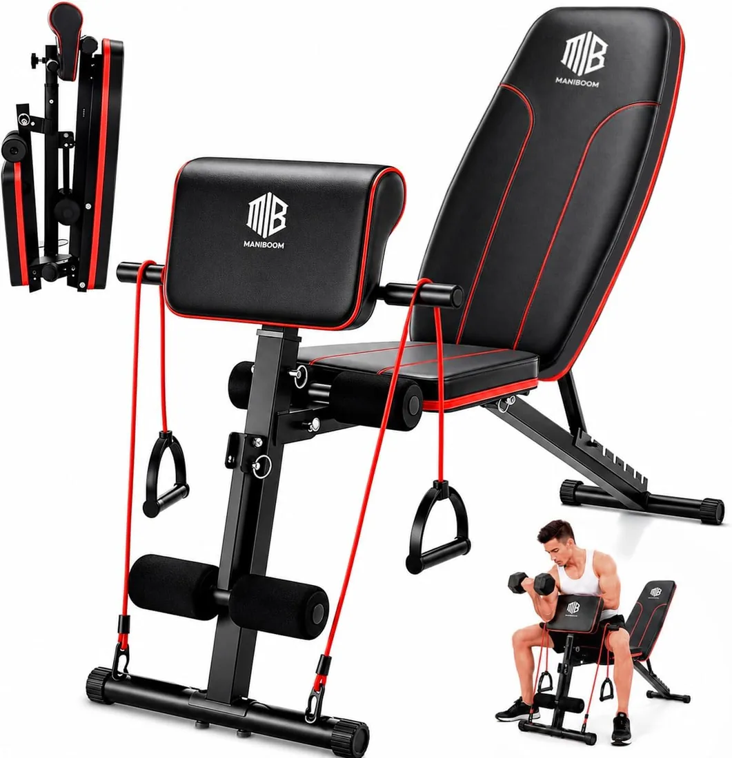 ManiBoom Banco Musculación Plegable con 8 Posiciones, Carga 250 kg - Banco de Pesas Ajustable con Cojín para Bíceps y 2 Bandas Elásticas - Banco Abdominales y Press Banca para Gimnasio en Casa foto 2