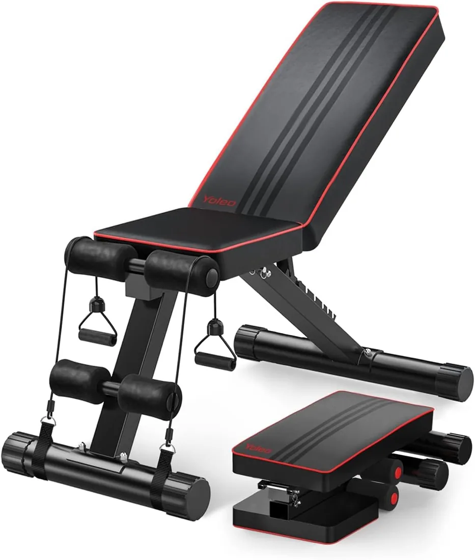 YOLEO Banco de Pesas Ajustable Plegable, Banco de Musculación Plano, Inclinado y Declinado, Banco de Ejercicios para Entrenamiento de Cuerpo Completo, Fitness para Casa