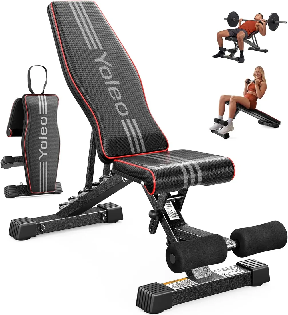 YOLEO Banco de Pesas Ajustable Plegable, Banco de Musculación Plano, Inclinado y Declinado, Banco de Ejercicios para Entrenamiento de Cuerpo Completo, Fitness para Casa