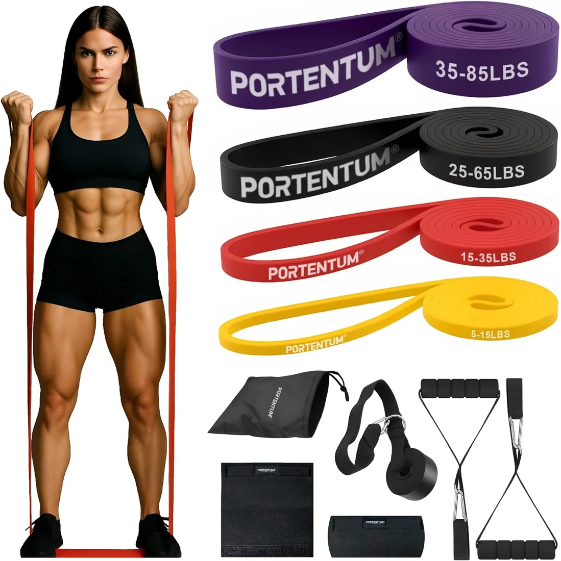 PORTENTUM Gomas elasticas musculacion – Set de Bandas de resistencia 4 o 5 niveles intensidad – Asas, anclaje puerta, fundas y bolsa – Gimnasio en casa hombres y mujeres – Fuerza Fitness Crossfit Yoga foto 2