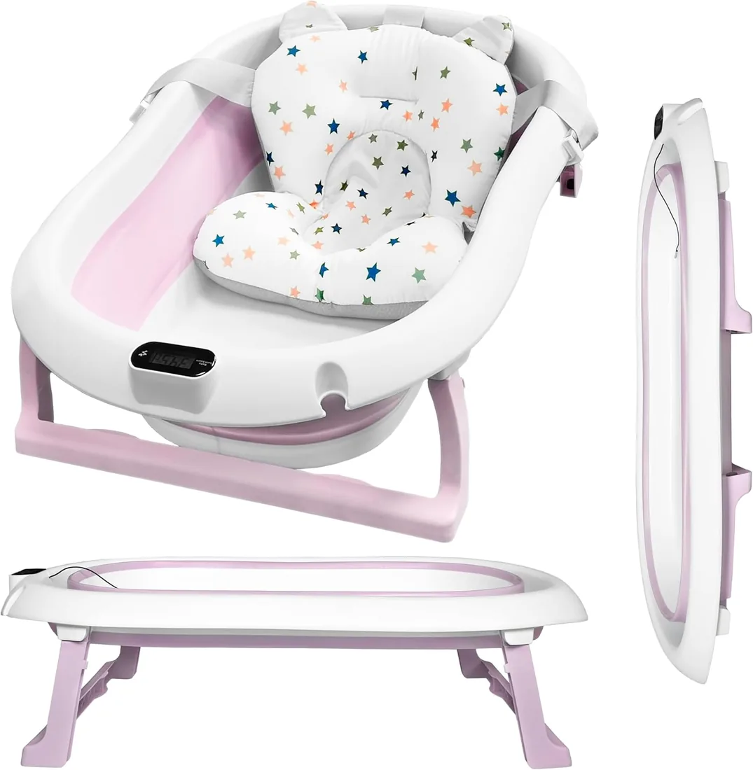ALMAR Baby Bañera Plegable Bebé hasta 24 meses Rosa Palo con Termómetro Asiento Reductor para Recien Nacido con Patas Antideslizante Indicador de Temperatura Compacta
