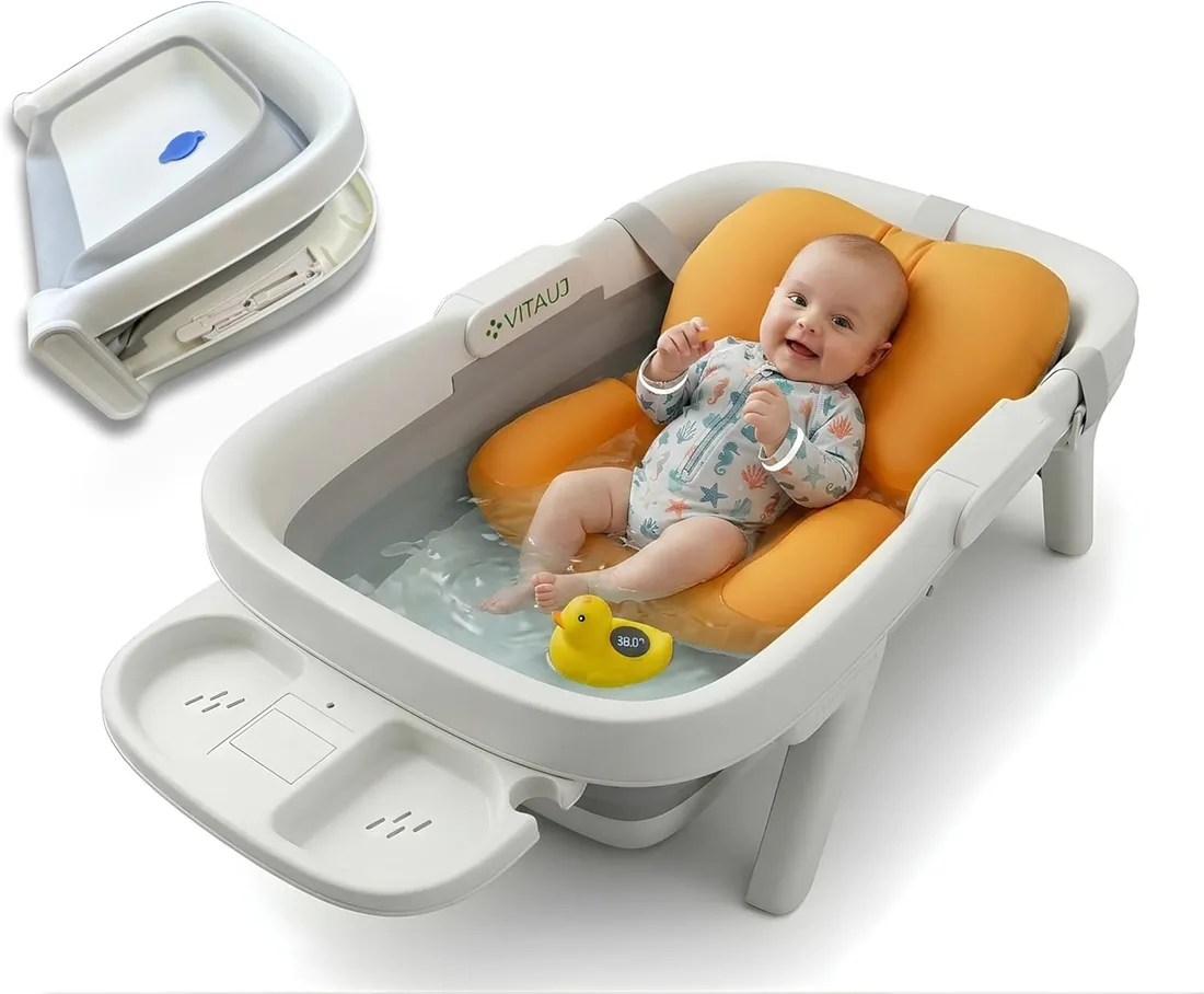 Bañera Plegable Bebé 0–36 Meses con Cojín Antideslizante, Termómetro sin Cables y Juguete | Grande, Segura y Compacta foto 3