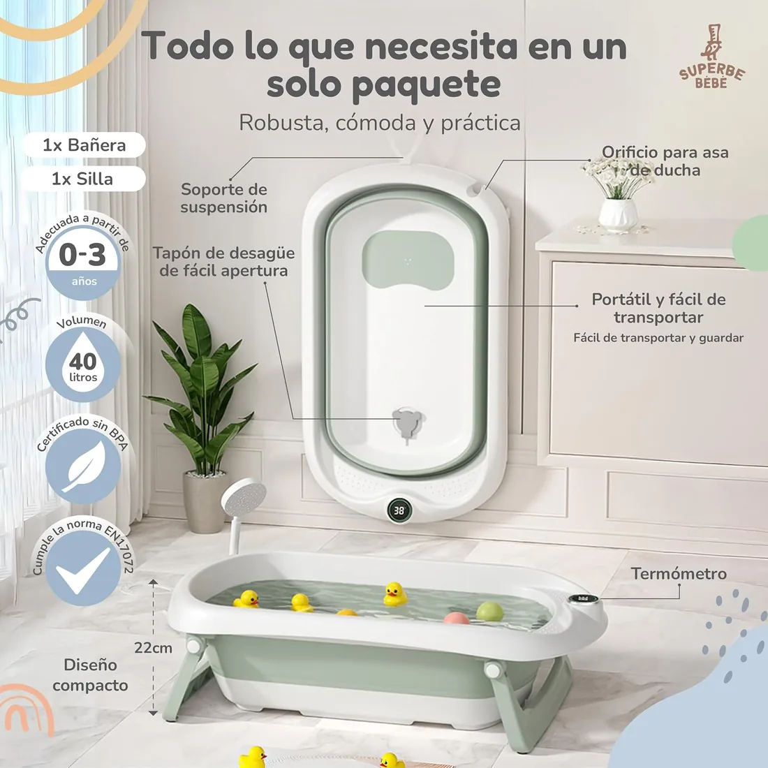 Bañera Plegable Bebé Con Asiento De Baño Antideslizante - bañera Bebe Plegable Con Termómetro - Asiento Bañera Bebe - Silla - Desde El Nacimiento Hasta Los 3 Años - Regalos De Nacimiento (VERDE) foto 2