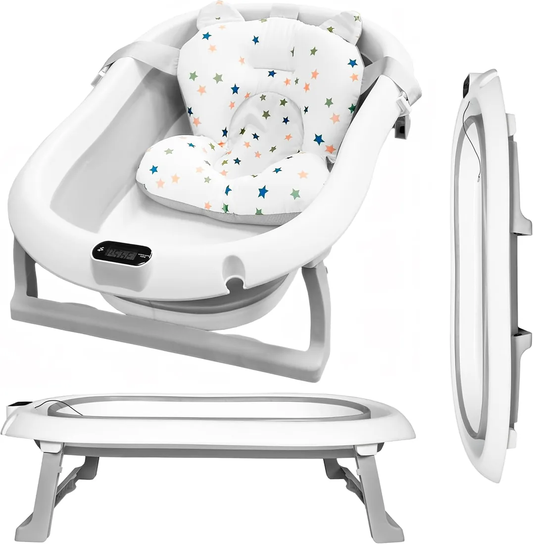 Bañera Plegable Bebé con Patas + Termómetro + Cojín - Banheira - Baby Bath | Bañar sin agacharse - Plegable y compacta - Tapón de vaciado - Antideslizante - Montaje rápido - Gris