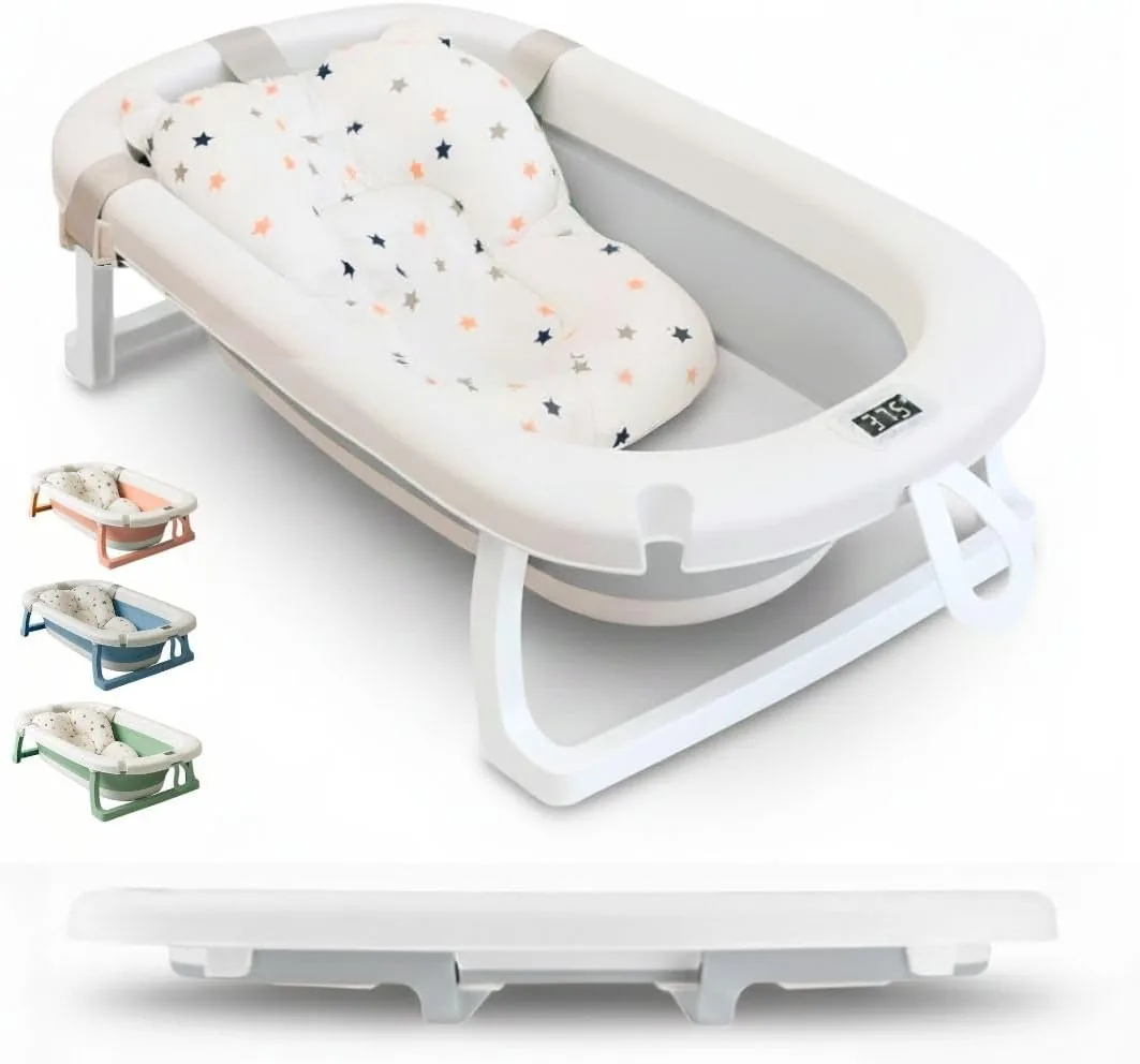 BATHBY | Bañera Plegable Bebé con Cojín + Termómetro + Patas Antideslizantes + Tapón de Seguridad para Bebé Recién Nacido, Diseño Plegable, Fácil de Guardar y Transportar, (Gris Pastel) foto 3