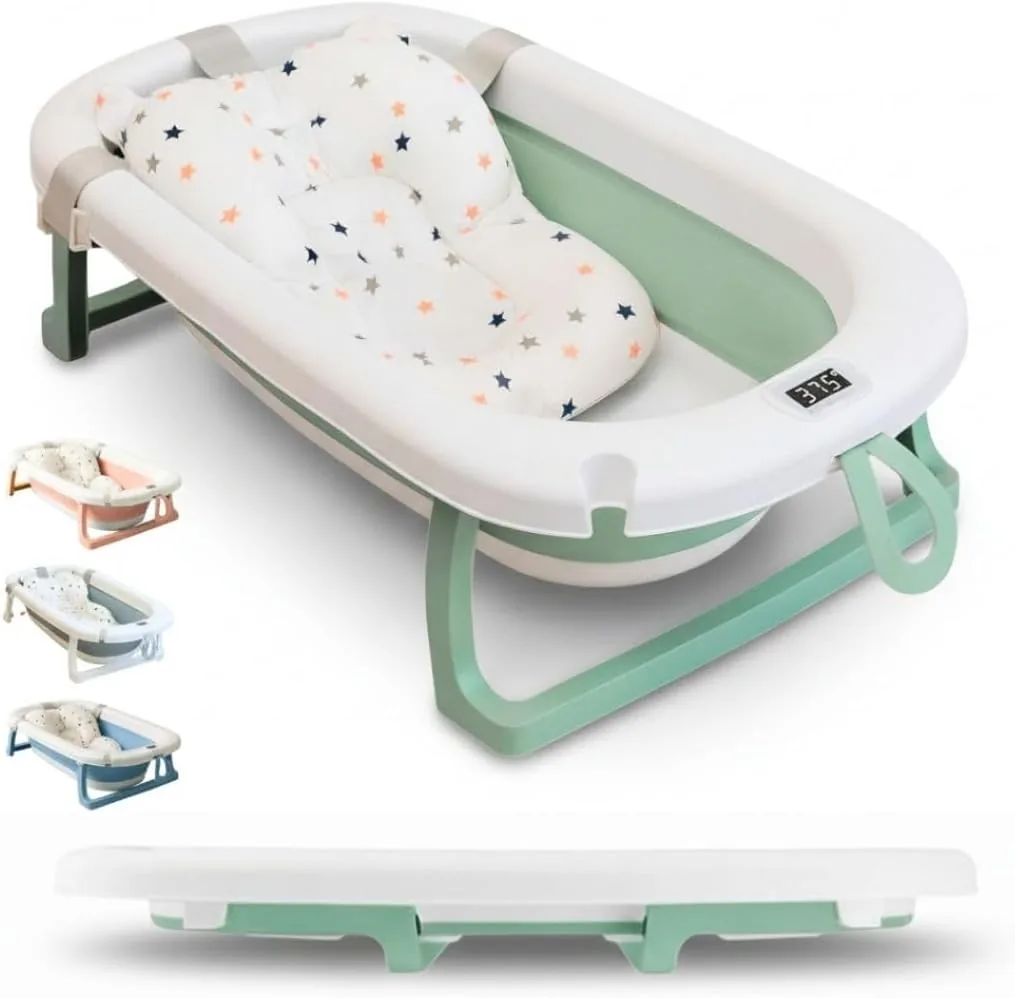 BATHBY | Bañera Plegable Bebé con Cojín + Termómetro + Patas Antideslizantes + Tapón de Seguridad para Bebé Recién Nacido, Diseño Plegable, Fácil de Guardar y Transportar, Verde Pastel