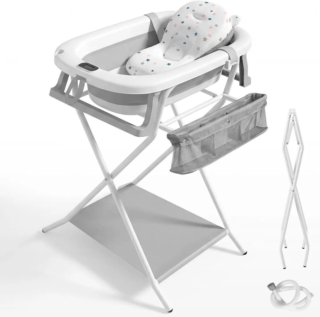 JUPPLIES Bañera Bebé Plegable con Cojín Ergonómico, Termómetro Digital y Patas Antideslizantes | Portátil, Compacta y Segura para Recién Nacido (Gris, Con patas)