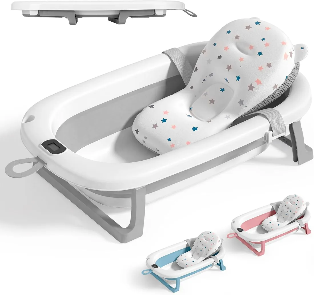 JUPPLIES Bañera Bebé Plegable con Cojín Ergonómico, Termómetro Digital y Patas Antideslizantes | Portátil, Compacta y Segura para Recién Nacido