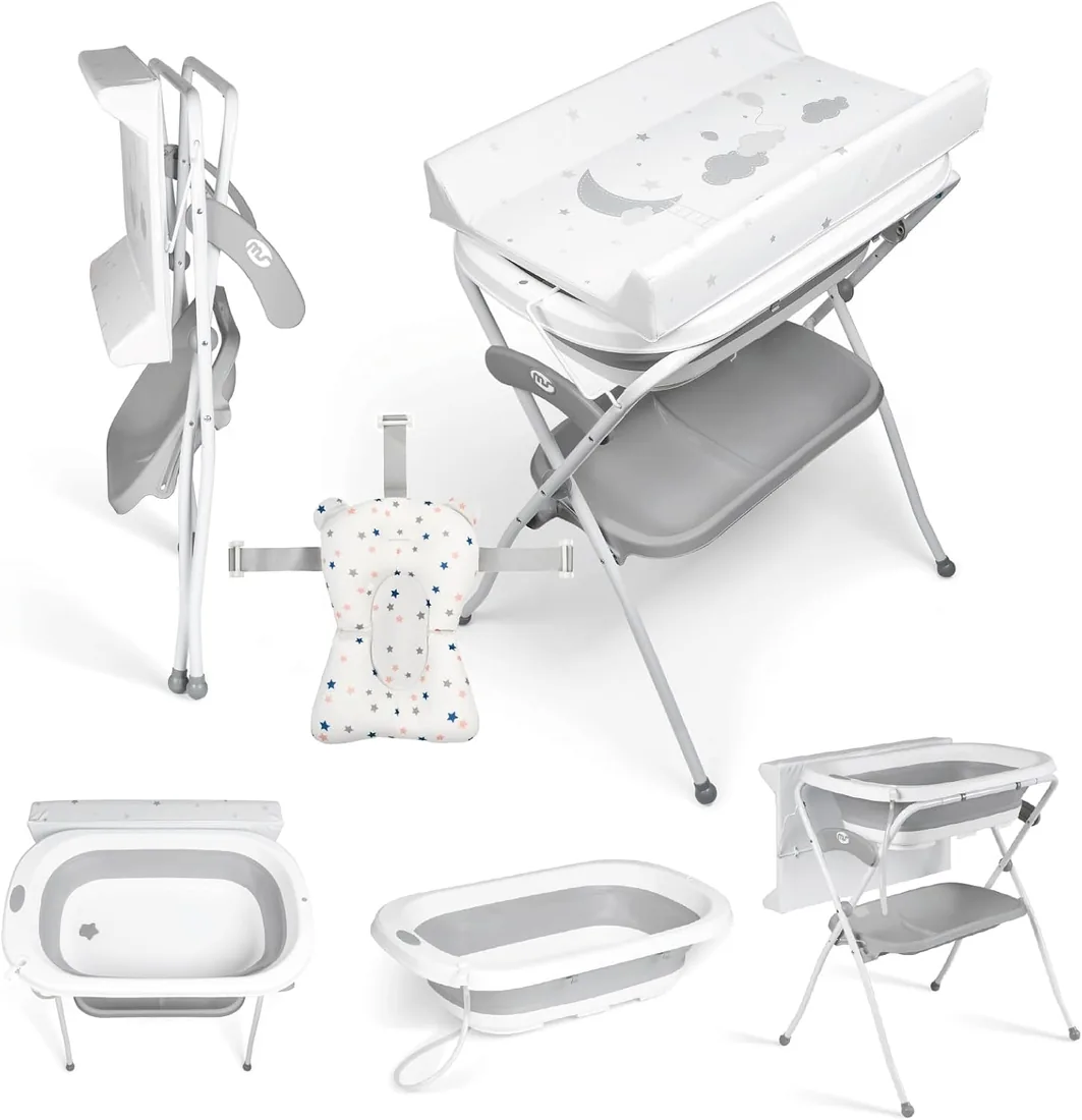 Ms BabyWorld ZOE - Bañera Bebe con Patas, Cambiador, Cojín Reductor y Cesta Portaobjetos - Comoda, Facil de Guardar, con Tapón y Patas Antideslizantes - Bañera Bebé Plegable y Portatil (Gris) foto 3