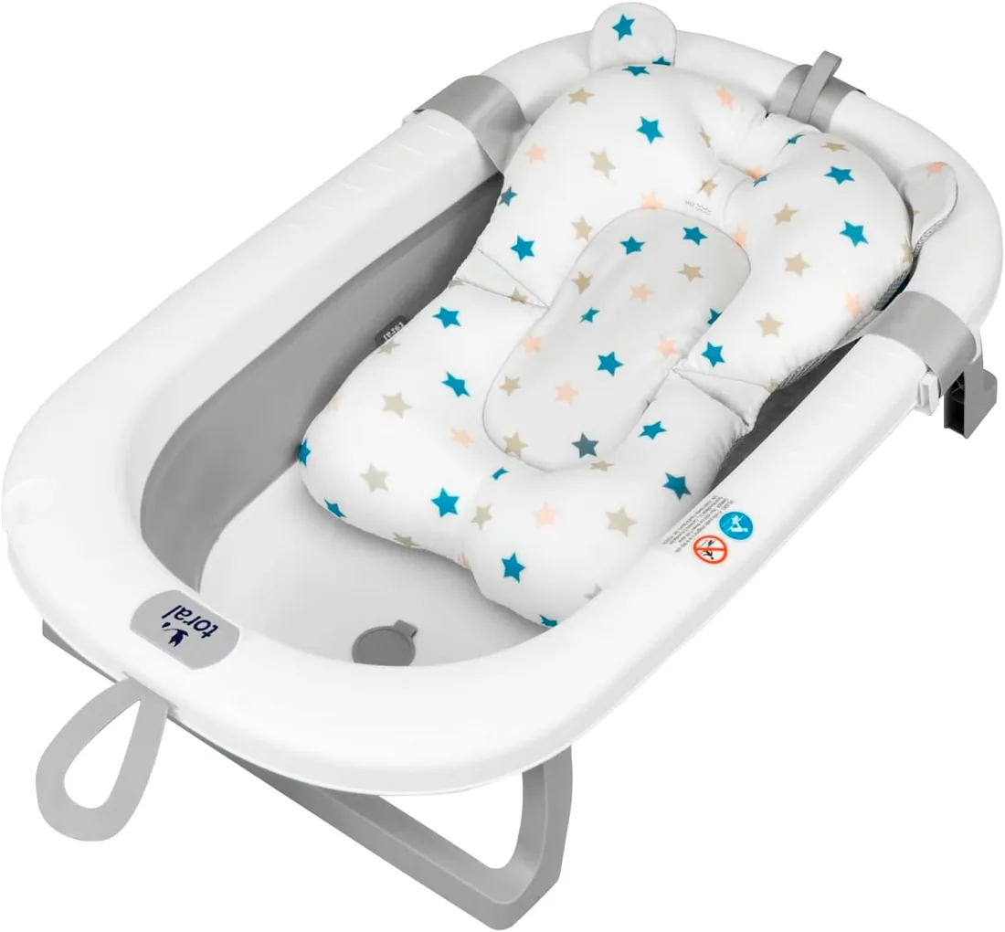 Toral Bañera Plegable Bebé con Patas Gris + Cojin - Bañera Bebe con Patas Comoda, Facil de Guardar y Usar, Patas Antideslizantes y Colgador - Bañera Bebé Plegable Portatil - Bathy Gris con Cojín