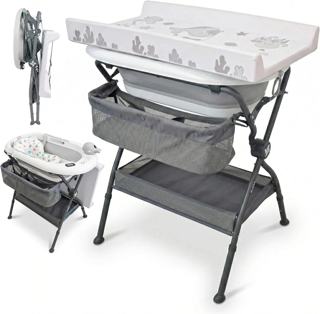 Twinly Bubbly – Bañera Cambiador Plegable para Bebé 2 en 1 – Altura Regulable Ergonómica, Bañera Extraíble para Playa y Viajes, Soporte Estable con Desagüe, Ideal para Baños Pequeños (Gris)