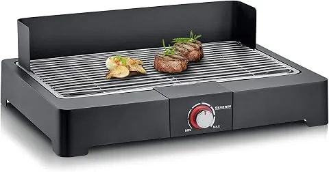 Severin Barbacoa de mesa con parrilla de acero inoxidable para interior y exterior, parrilla eléctrica con arranque rápido, mini barbacoa sin riesgo de quemaduras, negro, PG 8565