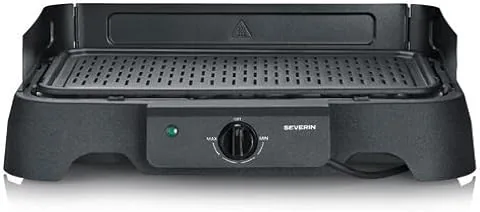 Severin Barbacoa eléctrica, 2000 W, temperatura de 40 a 220 °C, 39 x 23 cm, plancha con revestimiento cerámico sin PFAS, protector contra viento, bandeja extraíble, interior y exterior, Negro, PG 8595