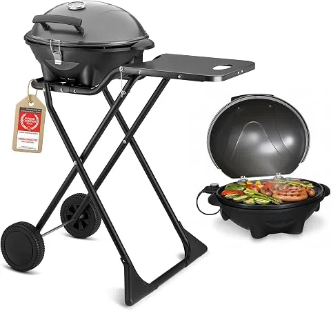 TZS First Austria - Barbacoa eléctrica 2 en 1 de mesa y suelo 2400W - BBQ plegable para balcón y terraza con tapa y carrito - Parrilla esférica con termómetro y bandeja recogegrasas