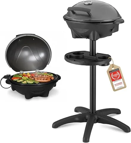 TZS First Austria - Barbacoa eléctrica 2 en 1 de mesa y suelo 2400W - BBQ con pedestal para balcón y terraza con tapa y estante - Parrilla esférica con termómetro y bandeja recogegrasas foto 2