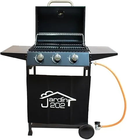 JARDIN202 - Barbacoa Gas Alaska 3 Quemadores | Parrilla Gas con Tapa y Ruedas | Termometro | Mesas Auxiliares Plegables | (Negro) foto 3