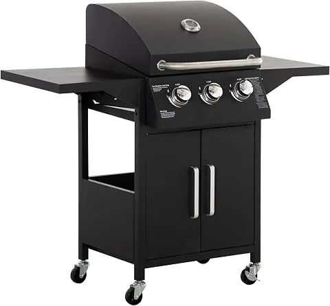 Outsunny Barbacoa de Gas BBQ 3 Quemadores 8,7 KW BBQ 121x55x109 cm Negro | Termómetro, 2 Parrillas de Gas, 2 Mesas Lateral