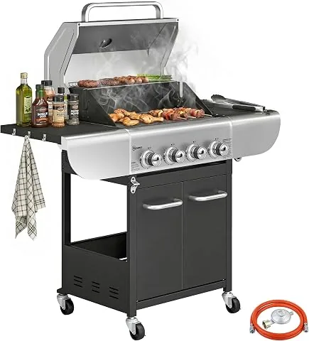 Outsunny Barbacoa de Gas con 4 Quemadores 12,8 kW con Termómetro Negro | Barbacoa Portátil, Mesas Laterales, Armario, Reji foto 2