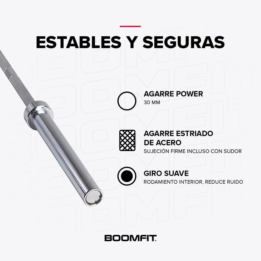 BOOMFIT Barras Olímpicas 9, 12, 15 y 20 kg | 120 a 220 cm, Mangas Ø50 mm | Acero con agarre estriado de 30 mm e interior de 81 a 130 cm | Incluye topes | Powerlifting, halterofilia y gym en casa foto 2