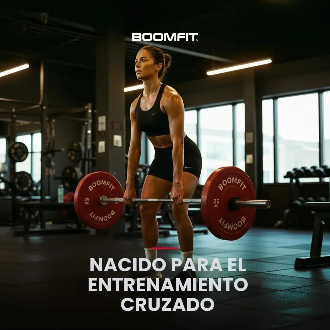 BOOMFIT Barras Olímpicas 9, 12, 15 y 20 kg | 120 a 220 cm, Mangas Ø50 mm | Acero con agarre estriado de 30 mm e interior de 81 a 130 cm | Incluye topes | Powerlifting, halterofilia y gym en casa foto 3