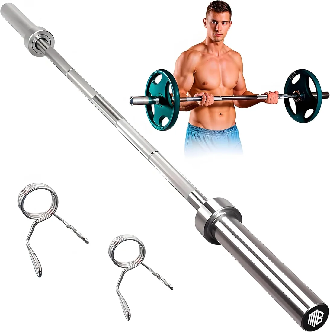 ManiBoom Barra Pesas Z Curly o Recta 120 cm de 8,5kg para Discos y Pesas de Ø50mm - Barra de MUSCULACION para Biceps y Triceps Halterofilia Crossfit - Barra Gimnasio con Cierres de Resorte