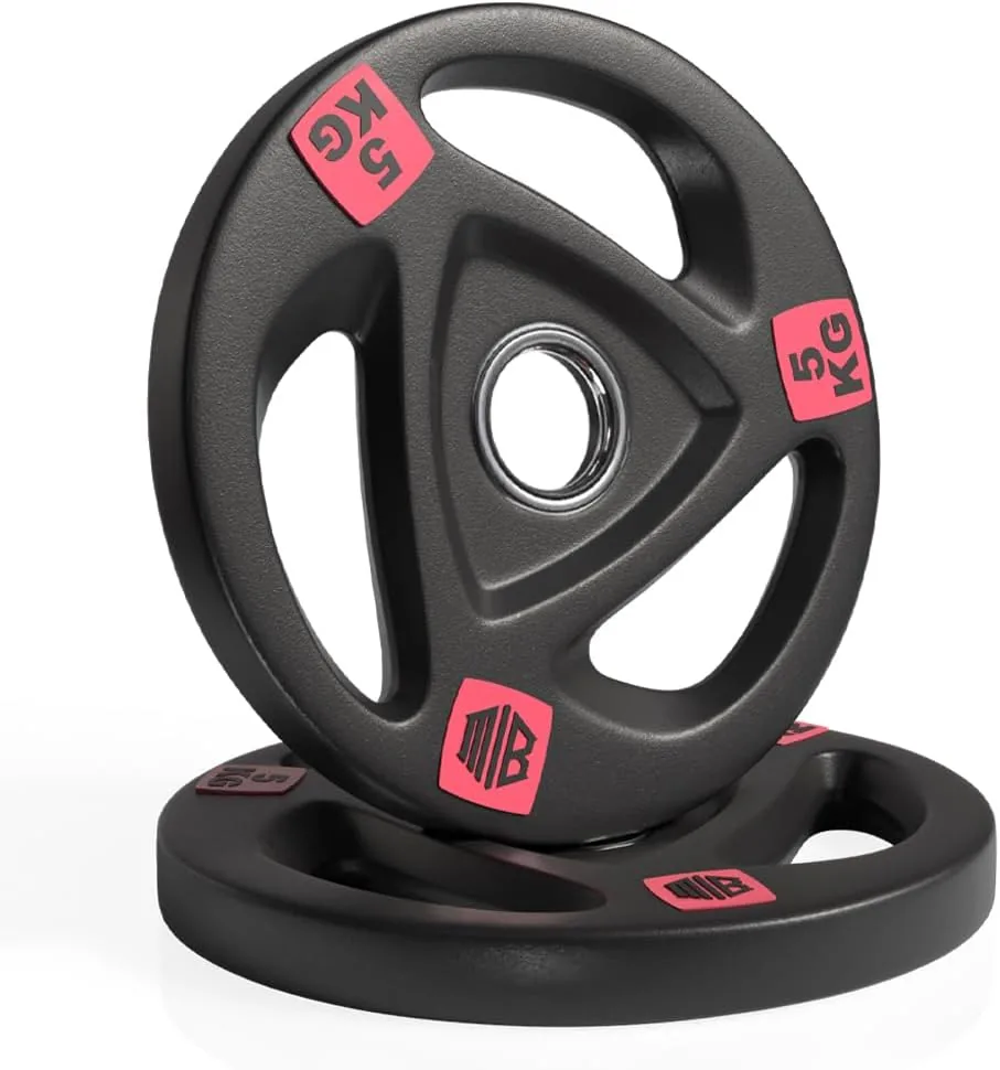 ManiBoom Discos Pesas Hierro ENGOMADO 30mm y 50mm Olimpica con Anillo Interior de Acero y Triple Agarre ERGONOMICO - Disco para Barra o Mancuernas 2,5kg, 5kg, 10kg, 15kg, 20kg