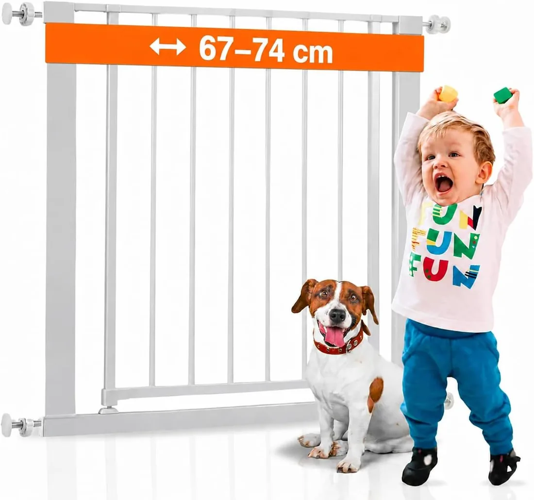 Barrera Seguridad Niños y Perros Escalera - Valla/Puerta Pasillo 67-74cm | Montaje sin taladro - Cierre automático a prueba de niños y perros - Apertura doble sentido - Admite extensiones - Blanco