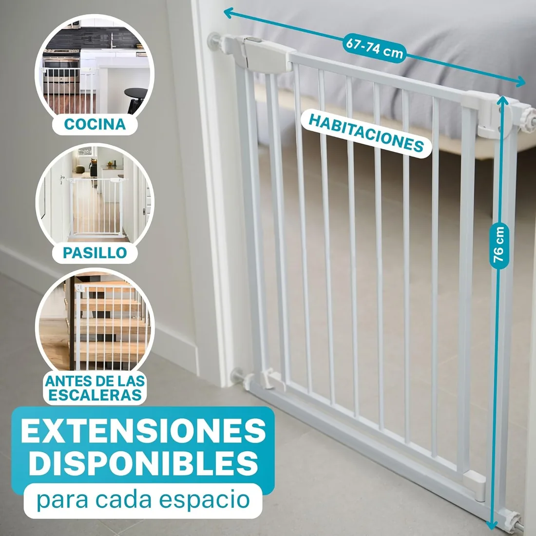 Barrera Seguridad Niños y Perros Escalera - Valla/Puerta Pasillo 67-74cm | Montaje sin taladro - Cierre automático a prueba de niños y perros - Apertura doble sentido - Admite extensiones - Blanco foto 2