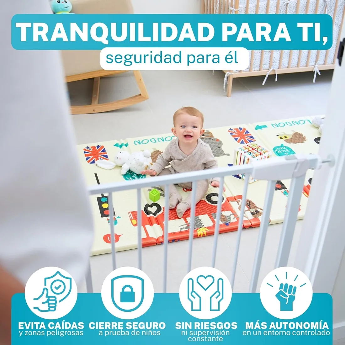 Barrera Seguridad Niños y Perros Escalera - Valla/Puerta Pasillo 67-74cm | Montaje sin taladro - Cierre automático a prueba de niños y perros - Apertura doble sentido - Admite extensiones - Blanco foto 3