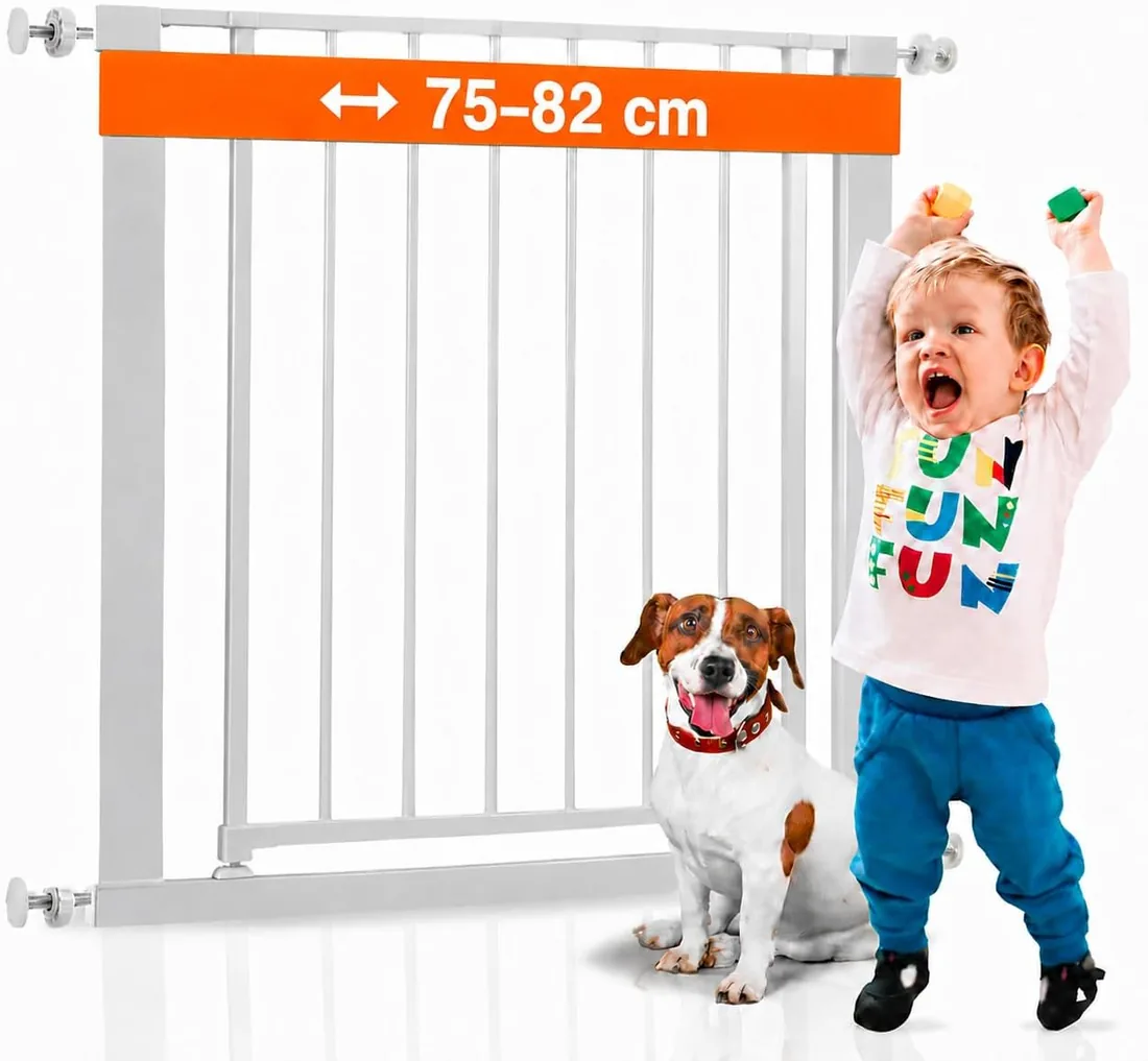 Barrera Seguridad Niños y Perros Escalera - Valla/Puerta Pasillo 75-82cm | Montaje sin taladro - Cierre automático a prueba de niños y perros - Apertura doble sentido - Admite extensiones - Blanco foto 2