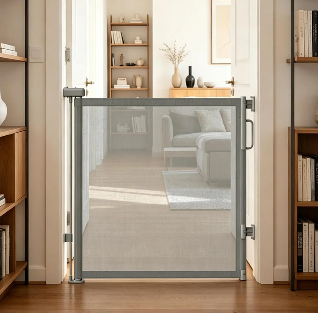 Dioxide Puerta Seguridad Retráctil para Bebés y Perros, 0-150cm Extensible Vallas para Perros, Barrera para Escaleras, Valla Seguridad Infantil Ideal para Pasillos y Puertas (Gris)