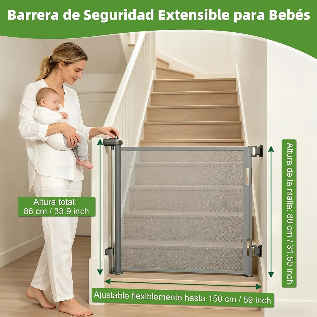 Dioxide Puerta Seguridad Retráctil para Bebés y Perros, 0-150cm Extensible Vallas para Perros, Barrera para Escaleras, Valla Seguridad Infantil Ideal para Pasillos y Puertas (Gris) foto 3
