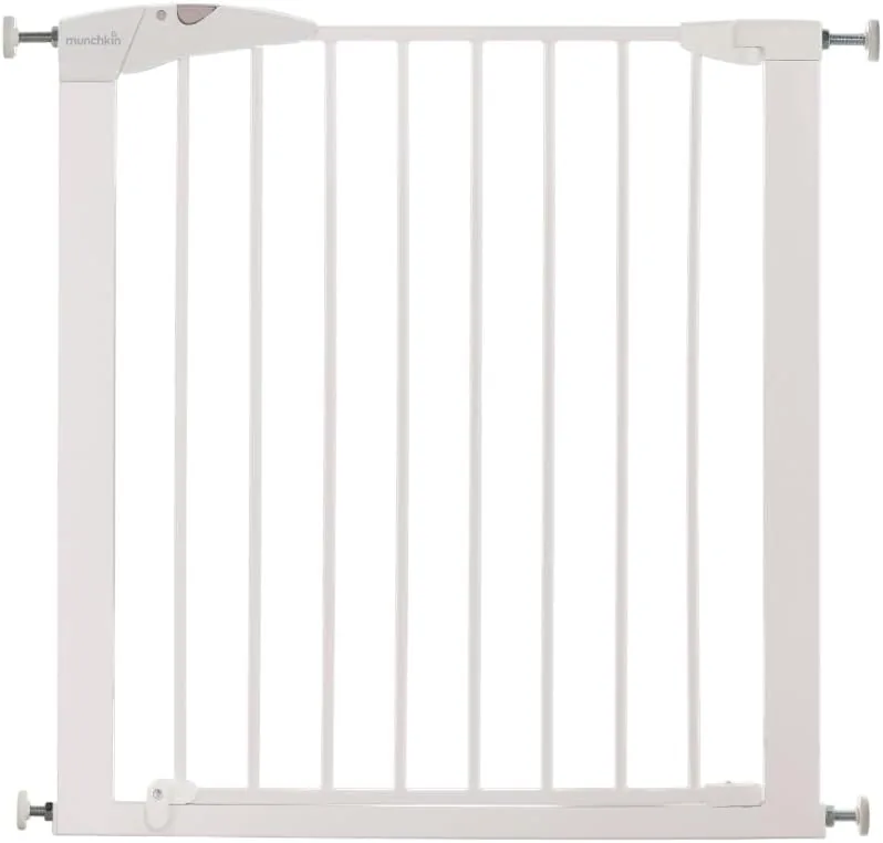 Munchkin Valla de Seguridad Infantil, Barrera de Escalera para Bebés y Niños Pequeños, Valla de Montaje Fácil sin Tornillos, Puerta de Seguridad para Bebé, Valla Metálica, 76-82 cm, Blanco