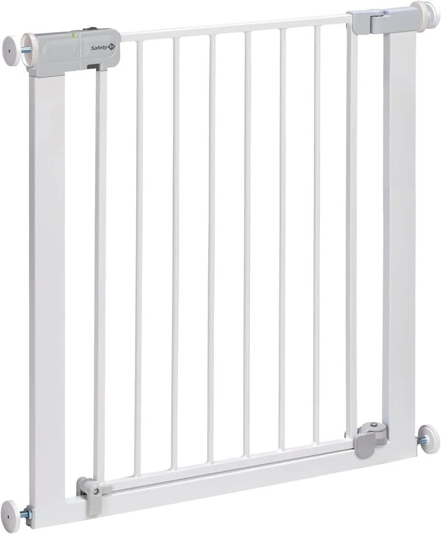 Safety 1st Auto Close, Barrera Seguridad Niños Escalera a Presión, 73–80cm (máx. 136cm), Valla Seguridad Infantil Automática, Apertura Una Mano, Sin Tornillos (Sin Taladros), Doble Bloqueo, Blanca