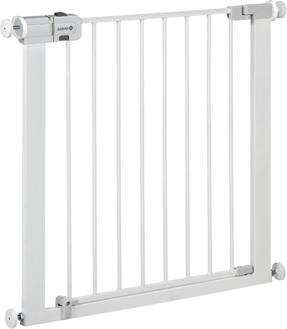 Safety 1st SecureTech, Barrera Seguridad Niños Escalera Presión, 73–80cm (máx. 136cm), Valla Seguridad Infantil Fácil Cierre, Abertura con 1 Mano, Sin Tornillos (Sin Taladros), Doble Bloqueo, Blanca