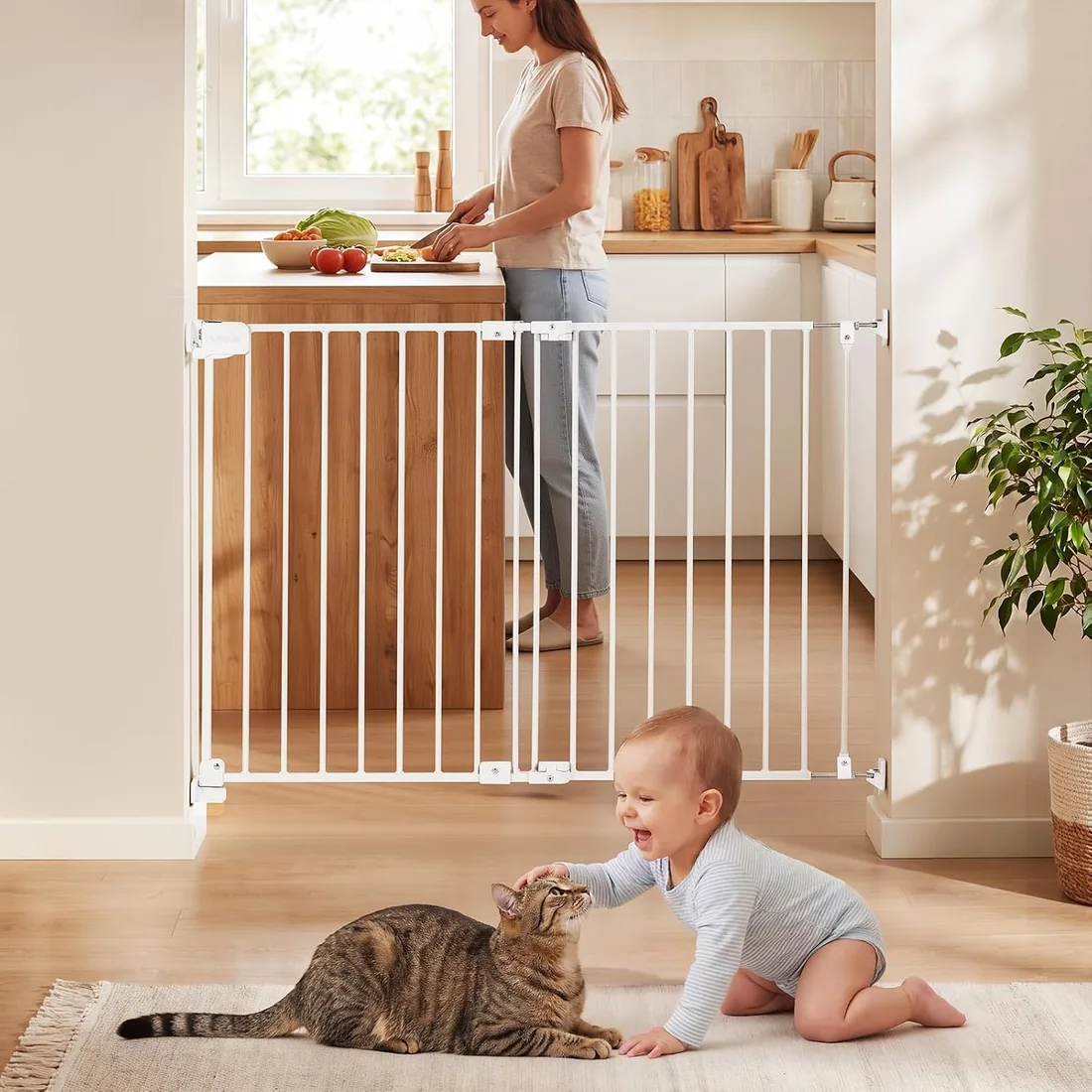 VEVOR Barrera de Seguridad para Niños, Alto de 715 mm, Ancho Ajustable de 670-1080 mm, Puerta de Seguridad para Bebés, Instalación de Taladros en la Pared, para Escaleras Dormitorio, Color Blanco