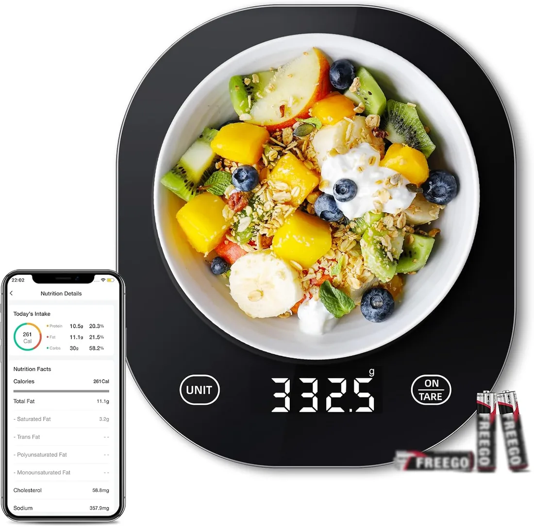 arboleaf Báscula Cocina Inteligente - App Nutricional, 3 Pilas AAA, Negro | Bascula Comida con APP para Cálculo de Calorías y Nutrición, Función Tara, Capacidad 10 kg, 5 Units, g/ml/oz/lb:oz/fl'oz