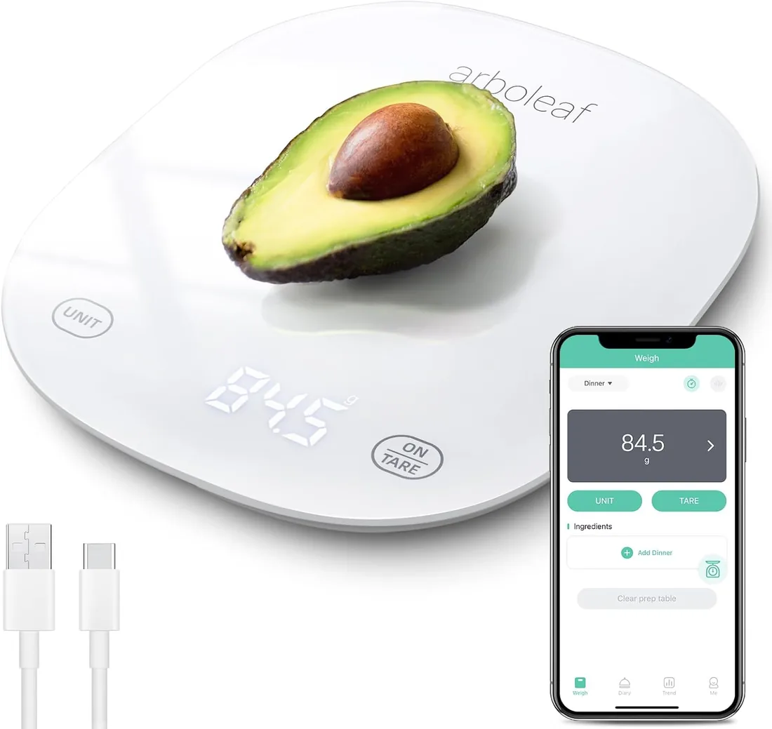 arboleaf Bascula de Cocina Inteligente, USB-C Recargable, Blanco | Balance de alimentos, equilibrio nutricional conectado, calcula calorías, nutricional conectada, pantalla LED