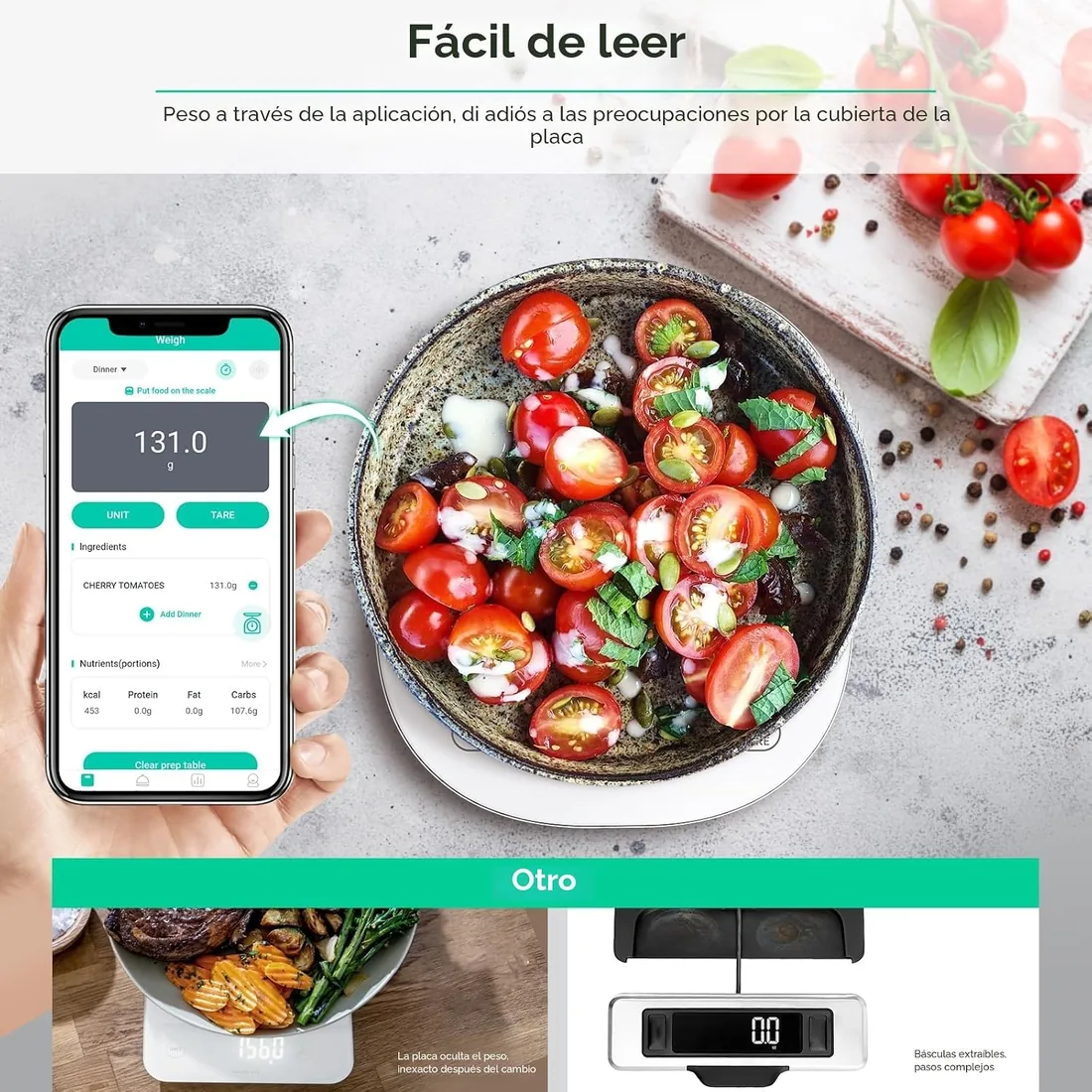 arboleaf Bascula de Cocina Inteligente, USB-C Recargable, Blanco | Balance de alimentos, equilibrio nutricional conectado, calcula calorías, nutricional conectada, pantalla LED foto 2