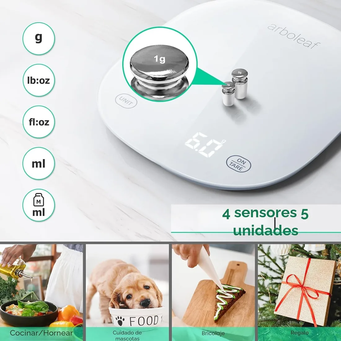 arboleaf Bascula de Cocina Inteligente, USB-C Recargable, Blanco | Balance de alimentos, equilibrio nutricional conectado, calcula calorías, nutricional conectada, pantalla LED foto 3