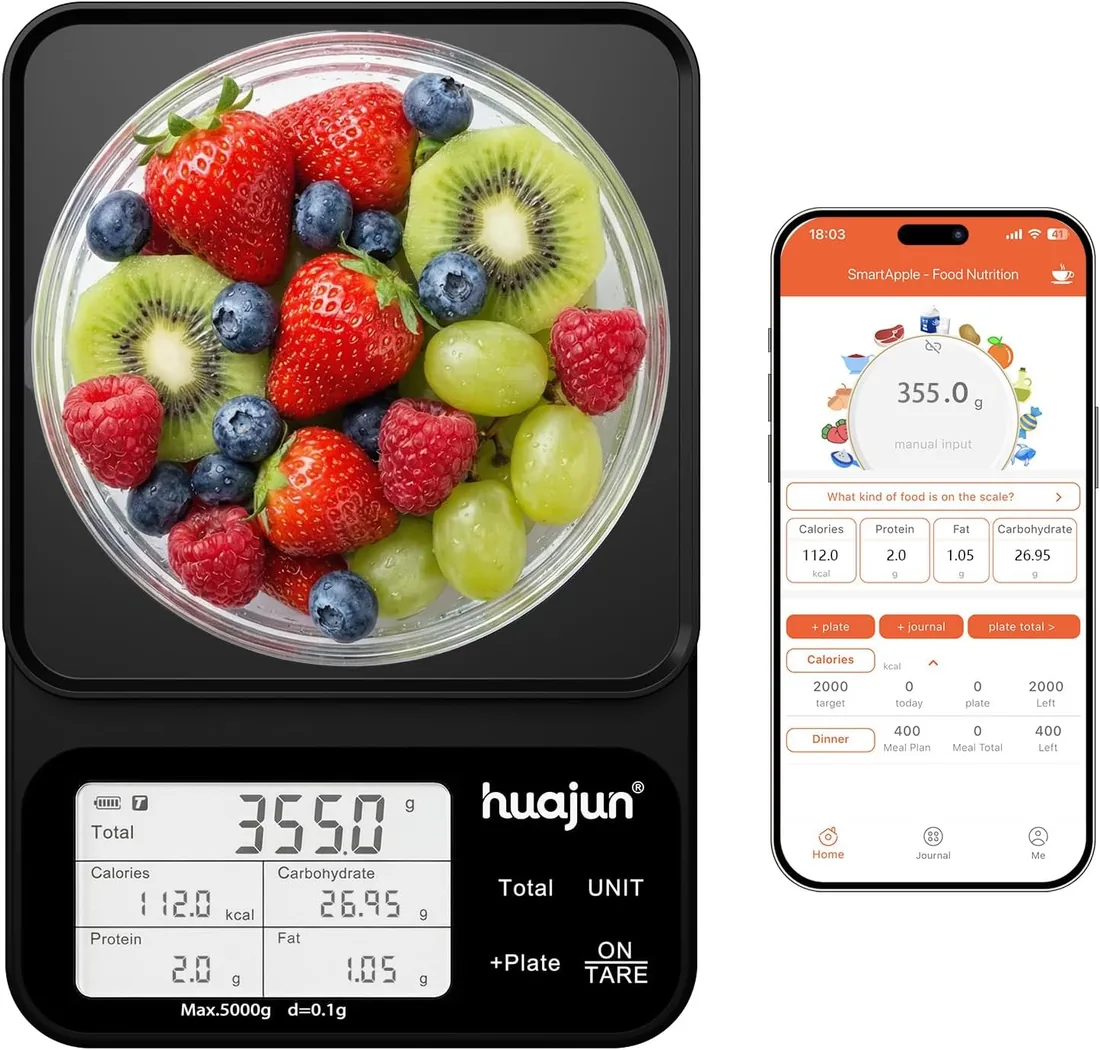 Báscula Cocina Digital con Cálculo de Nutrición 5 kg/0,1 g Bluetooth App | Báscula de Cocina con Pantalla LCD Smart Scale con 30 Nutrientes, Báscula Nutricional para Dieta, Fitness, Cocina