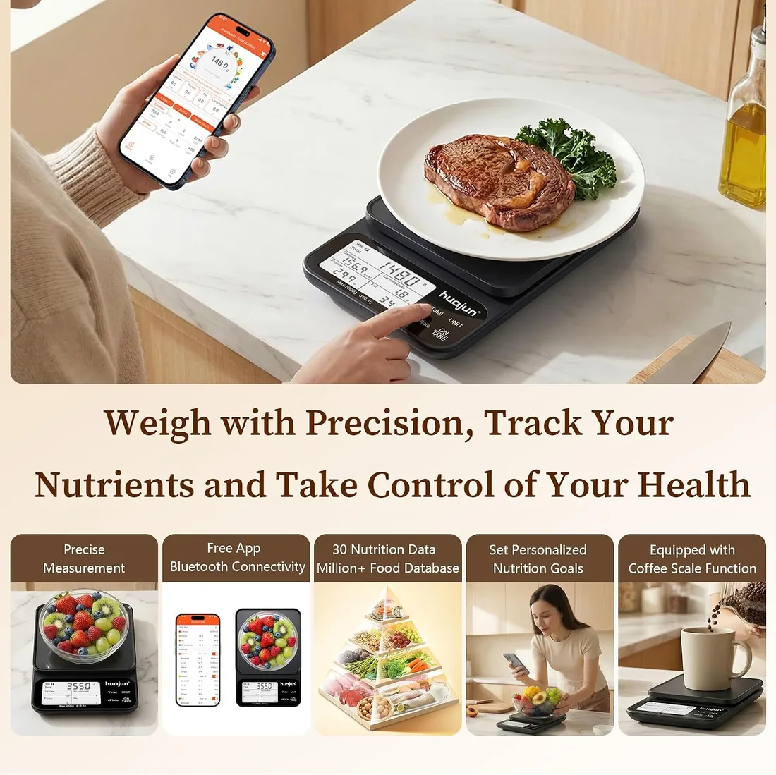 Báscula Cocina Digital con Cálculo de Nutrición 5 kg/0,1 g Bluetooth App | Báscula de Cocina con Pantalla LCD Smart Scale con 30 Nutrientes, Báscula Nutricional para Dieta, Fitness, Cocina foto 2