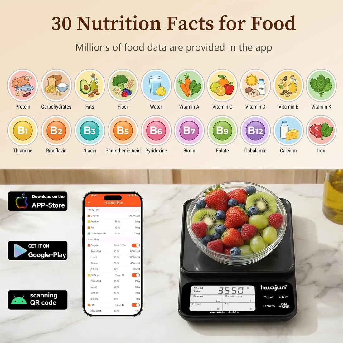 Báscula Cocina Digital con Cálculo de Nutrición 5 kg/0,1 g Bluetooth App | Báscula de Cocina con Pantalla LCD Smart Scale con 30 Nutrientes, Báscula Nutricional para Dieta, Fitness, Cocina foto 3