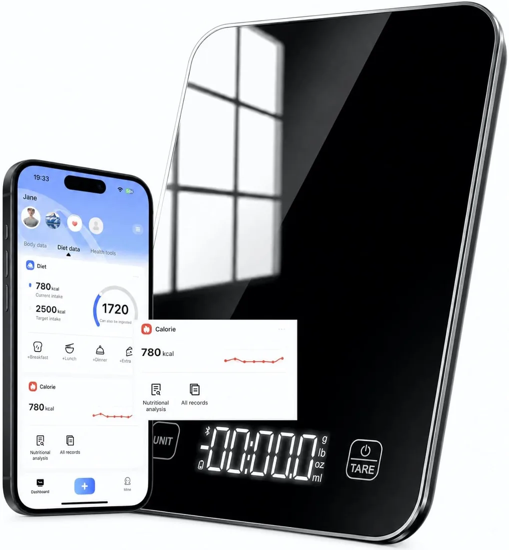 Báscula digital inteligente de cocina con pantalla LED | calculador de nutrientes y aplicación gratuita, capacidad de 10 kg (22 lb), 5 unidades de medición, precisión de 1 g / 0,1 oz