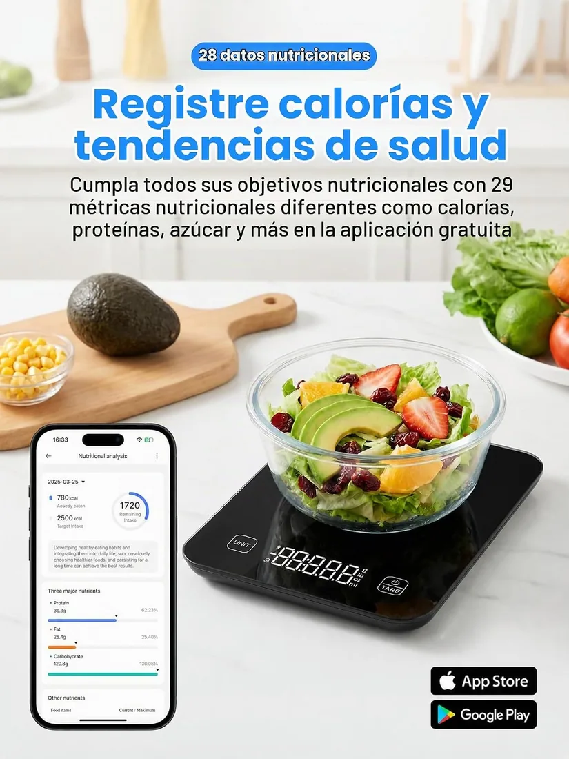 Báscula digital inteligente de cocina con pantalla LED | calculador de nutrientes y aplicación gratuita, capacidad de 10 kg (22 lb), 5 unidades de medición, precisión de 1 g / 0,1 oz foto 3